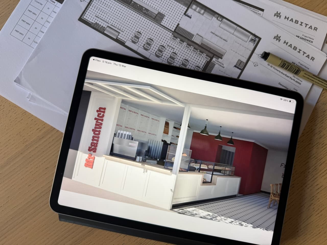 Mr Sandwich project documentation and render on desk